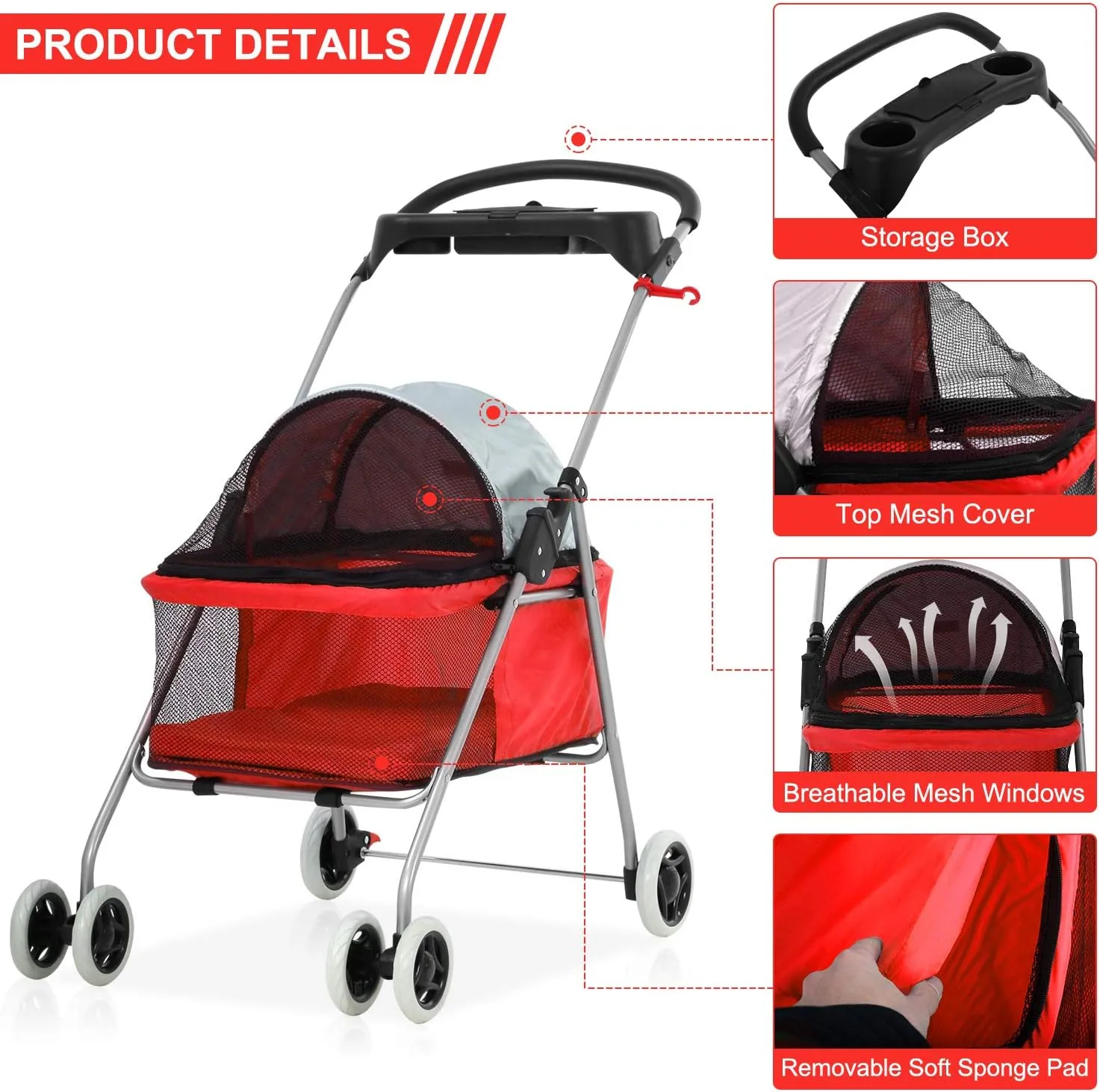 Pet Stroller - MeetPerfect Luxury Pet Roadster for Dogs and Cats Waterproof Dog Cart Dog Stroller Cat Stroller Pet Jogger - Easy to Walk Folding Carrier Carriage with Storage Basket, Red