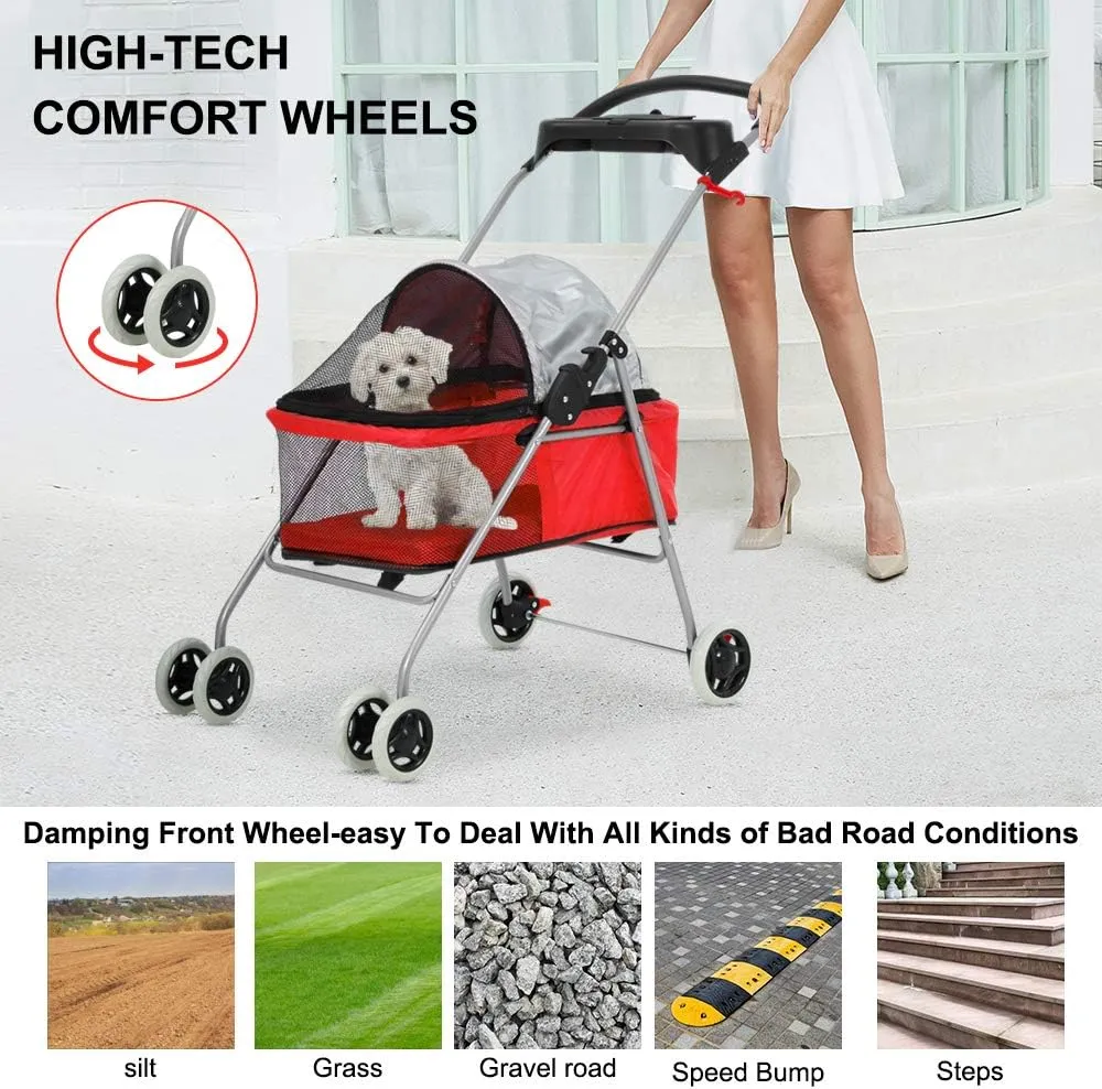 Pet Stroller - MeetPerfect Luxury Pet Roadster for Dogs and Cats Waterproof Dog Cart Dog Stroller Cat Stroller Pet Jogger - Easy to Walk Folding Carrier Carriage with Storage Basket, Red