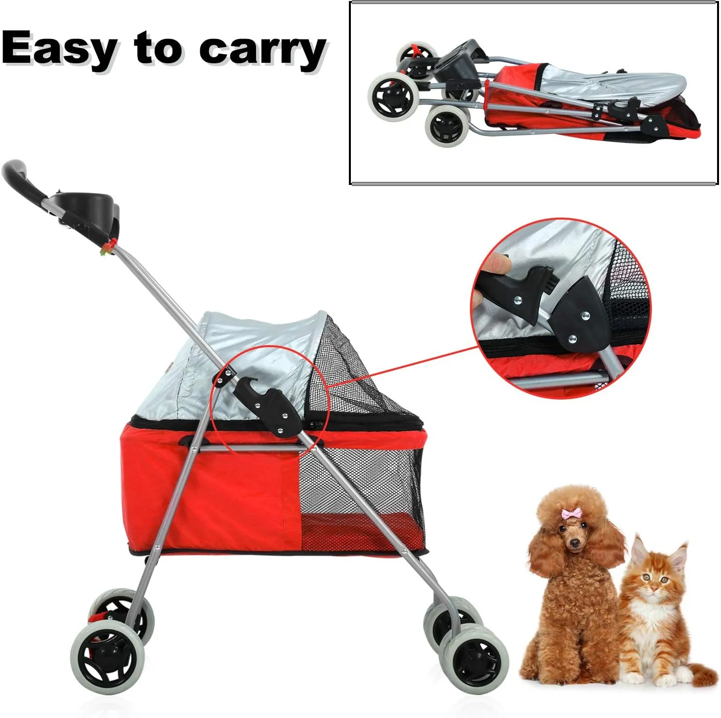 Pet Stroller - MeetPerfect Luxury Pet Roadster for Dogs and Cats Waterproof Dog Cart Dog Stroller Cat Stroller Pet Jogger - Easy to Walk Folding Carrier Carriage with Storage Basket, Red