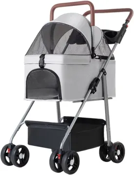 Pet Stroller with Detachable Cabin Bag,4 Wheels pet pram cart for Dogs and Cats,Foldable pet Trolley,Swivel Front Wheel,Rear Wheel with Foot Brakes,Front and Back openable Canopy