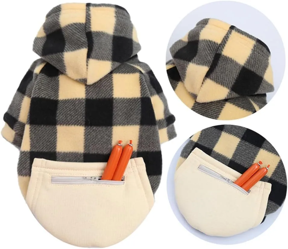 Plaid Dog Hoodie for Small Medium Large Dogs with Zipper Pocket,Fleece Dog Cat Christmas Outfit Winter Clothes,Christmas Puppy Cat Sweaters for Dogs Cats 1~90lbs(Beige,XS)
