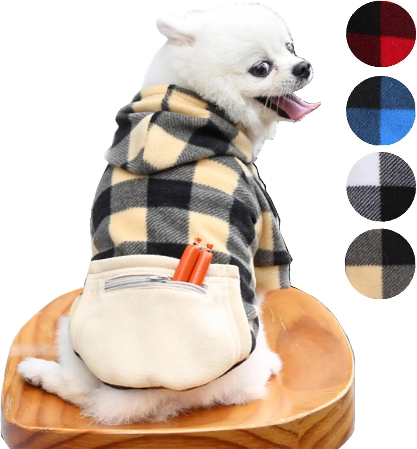 Plaid Dog Hoodie for Small Medium Large Dogs with Zipper Pocket,Fleece Dog Cat Christmas Outfit Winter Clothes,Christmas Puppy Cat Sweaters for Dogs Cats 1~90lbs(Beige,XS)