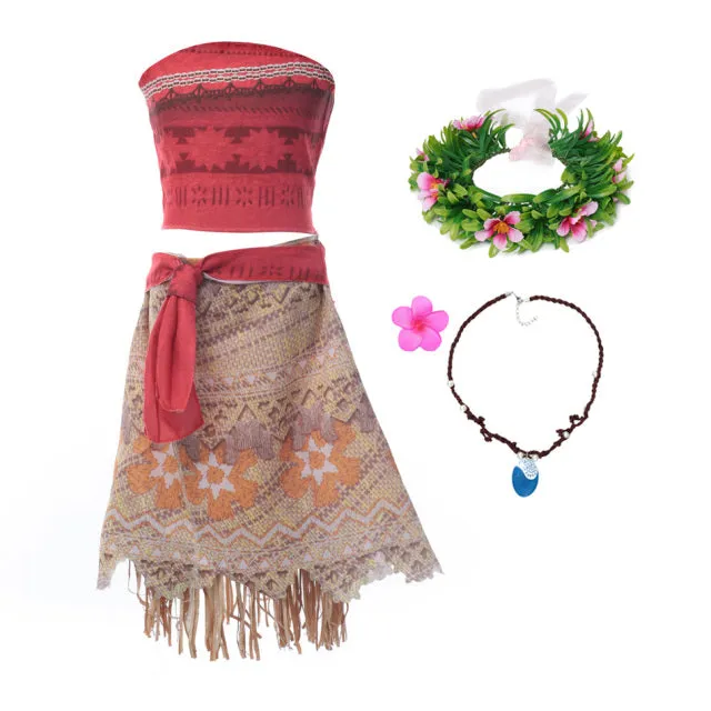 Polynesian Girl Movie Inspired Costume Children Vaiana Dress with Necklace-Kids Playtime Gifts