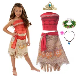 Polynesian Girl Movie Inspired Costume Children Vaiana Dress with Necklace-Kids Playtime Gifts