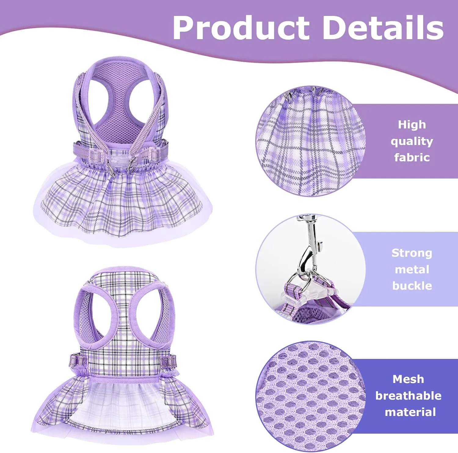 Purple No Leash Dog Harness - Breathable, Adjustable, No Pull for Small Medium Dogs (Chest 13.7-17.3in)
