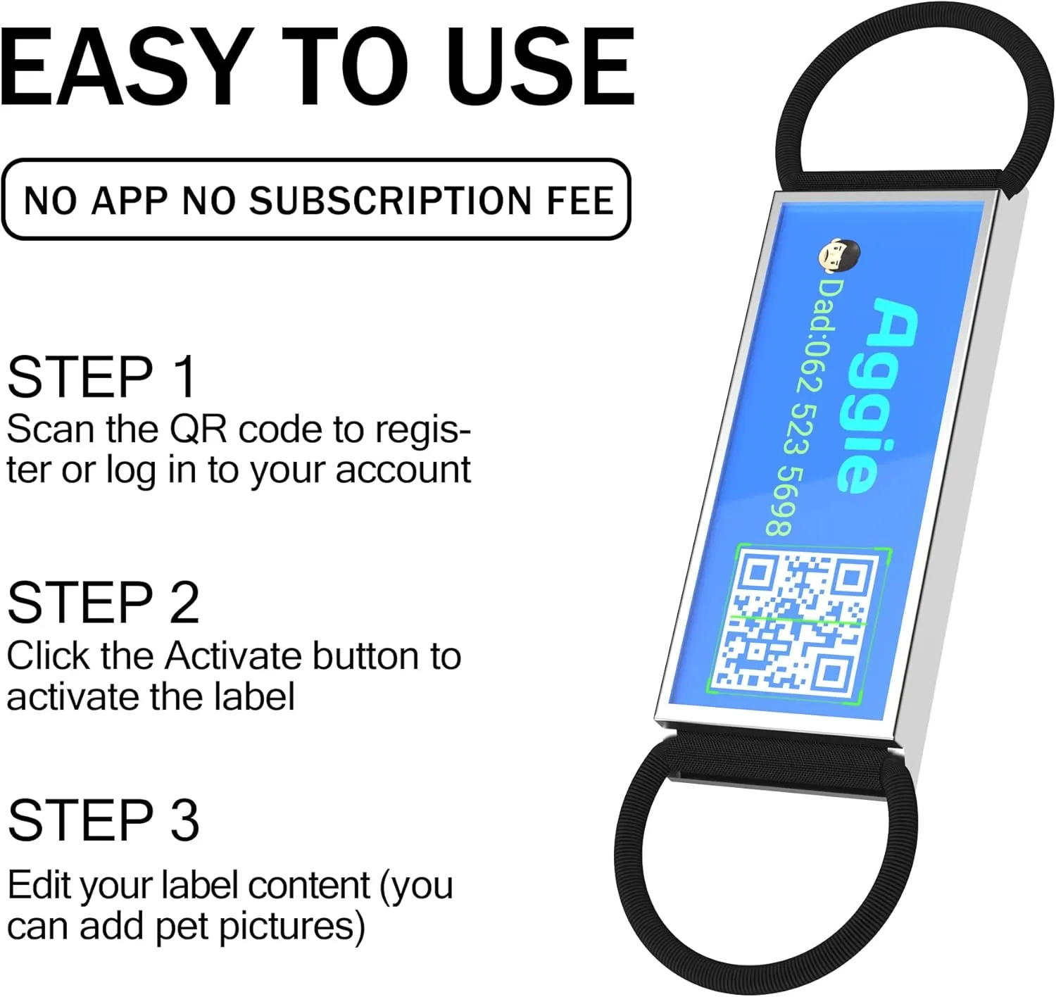 QR Code Slide On Dog Tag, Personalized Dog Name Tags, Silent Noiseless - Free Online & Scan QR Receive Instant Location Alert Email
