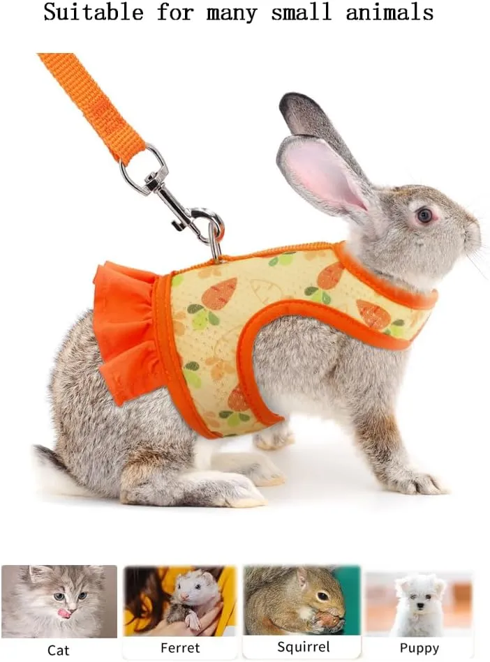 Rabbit Harness and Leash Set,Proof Walking Escape Cute Floral Mesh Vest Breathable Rabbit Costumes for Bunny, Hiking, Training for Ferret Kitten Puppy Small Animals Orange S
