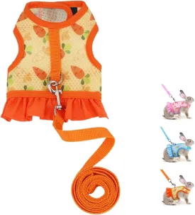 Rabbit Harness and Leash Set,Proof Walking Escape Cute Floral Mesh Vest Breathable Rabbit Costumes for Bunny, Hiking, Training for Ferret Kitten Puppy Small Animals Orange S