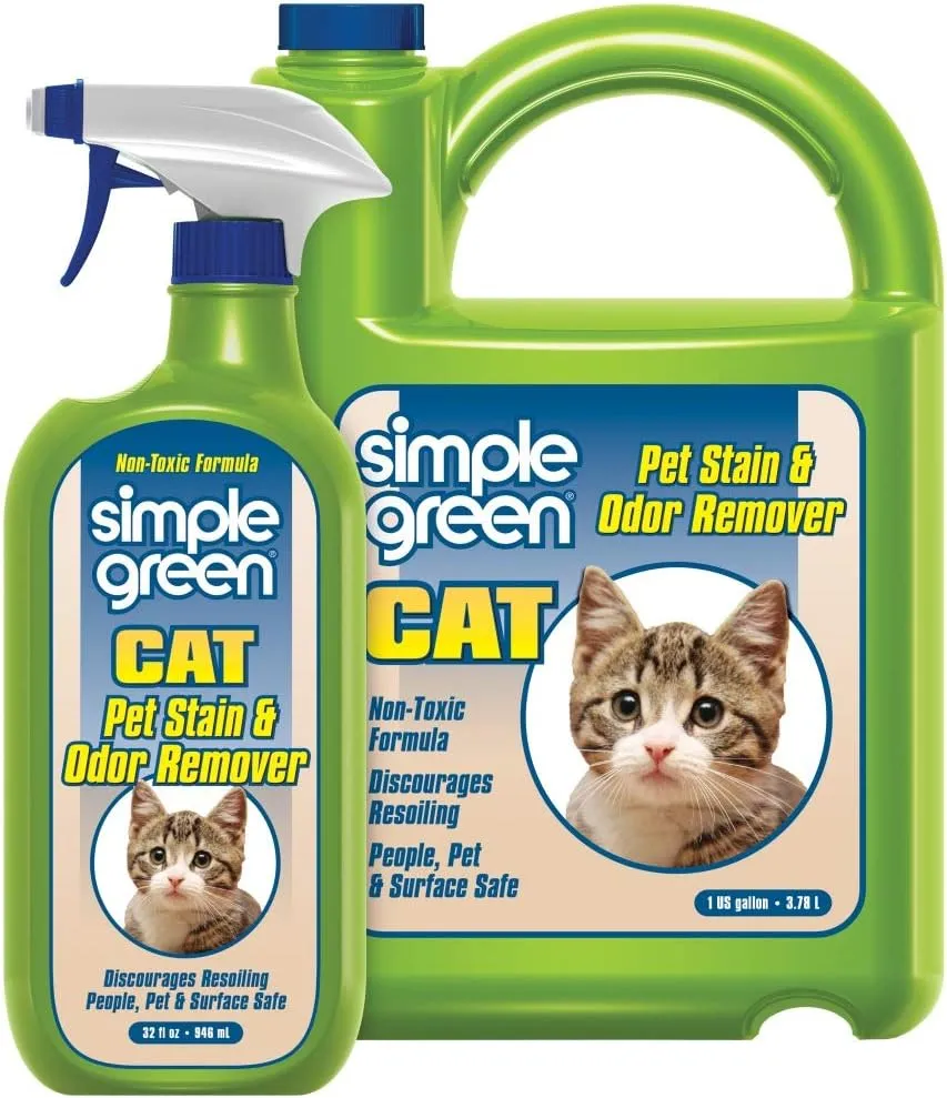 Simple Green Cat Stain & Odor Remover - Enzyme Cleaner for Cat Urine, Feces, Blood, Vomit (32 oz Sprayer & 1 gallon Refill)