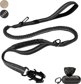 Tactical Training Dog Leash - Heavy Duty Frog Clip, Shock Absorbing Bungee with 2-Handle for Control, No-Pull Lead Rope with Reflective Strip, for Walk Run Hike Small Medium Large Pet (Black)