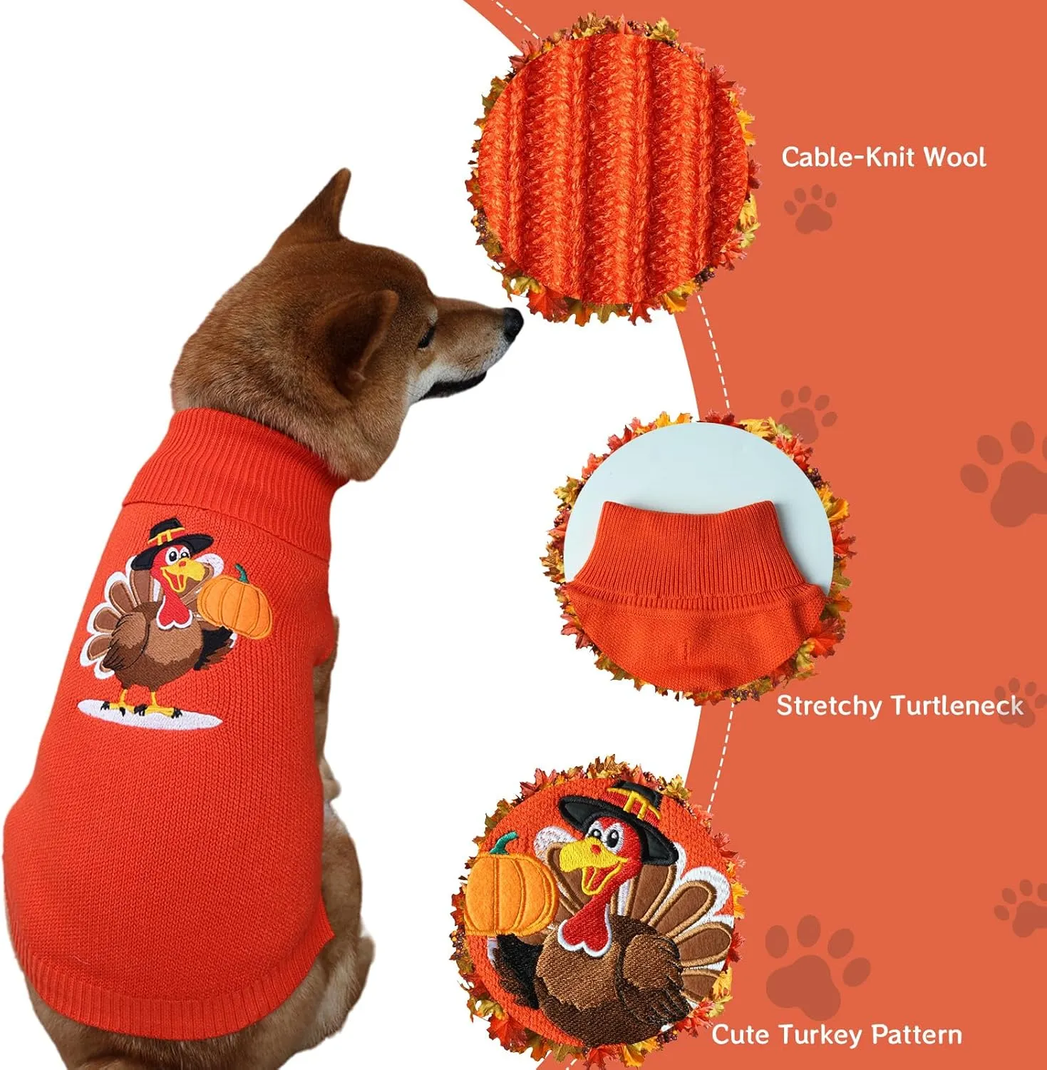 Thanksgiving Dog Sweater - Turkey Dogs Pullover Classic Knitwear with Leash Hole Warm Winter Pet Turtleneck Sweaters Apparel for Small Medium Breeds (S)