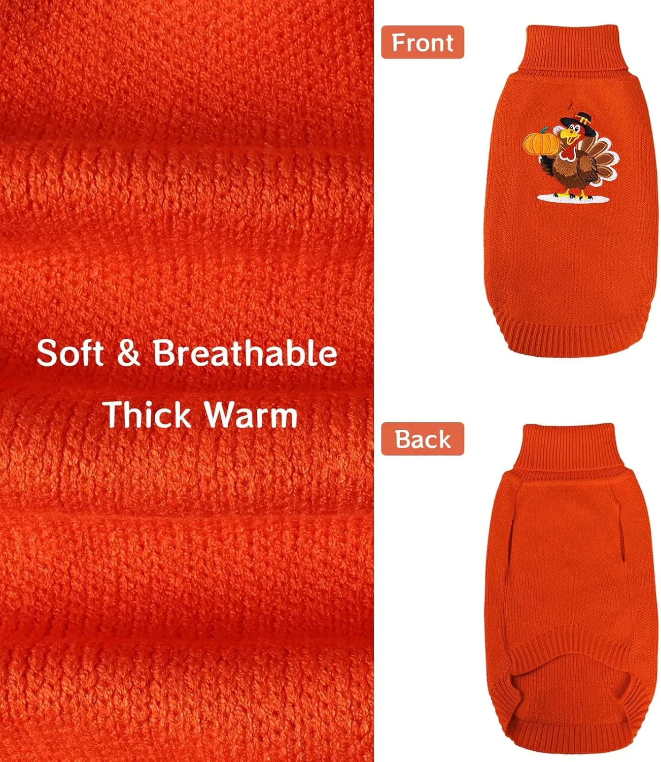 Thanksgiving Dog Sweater - Turkey Dogs Pullover Classic Knitwear with Leash Hole Warm Winter Pet Turtleneck Sweaters Apparel for Small Medium Breeds (S)