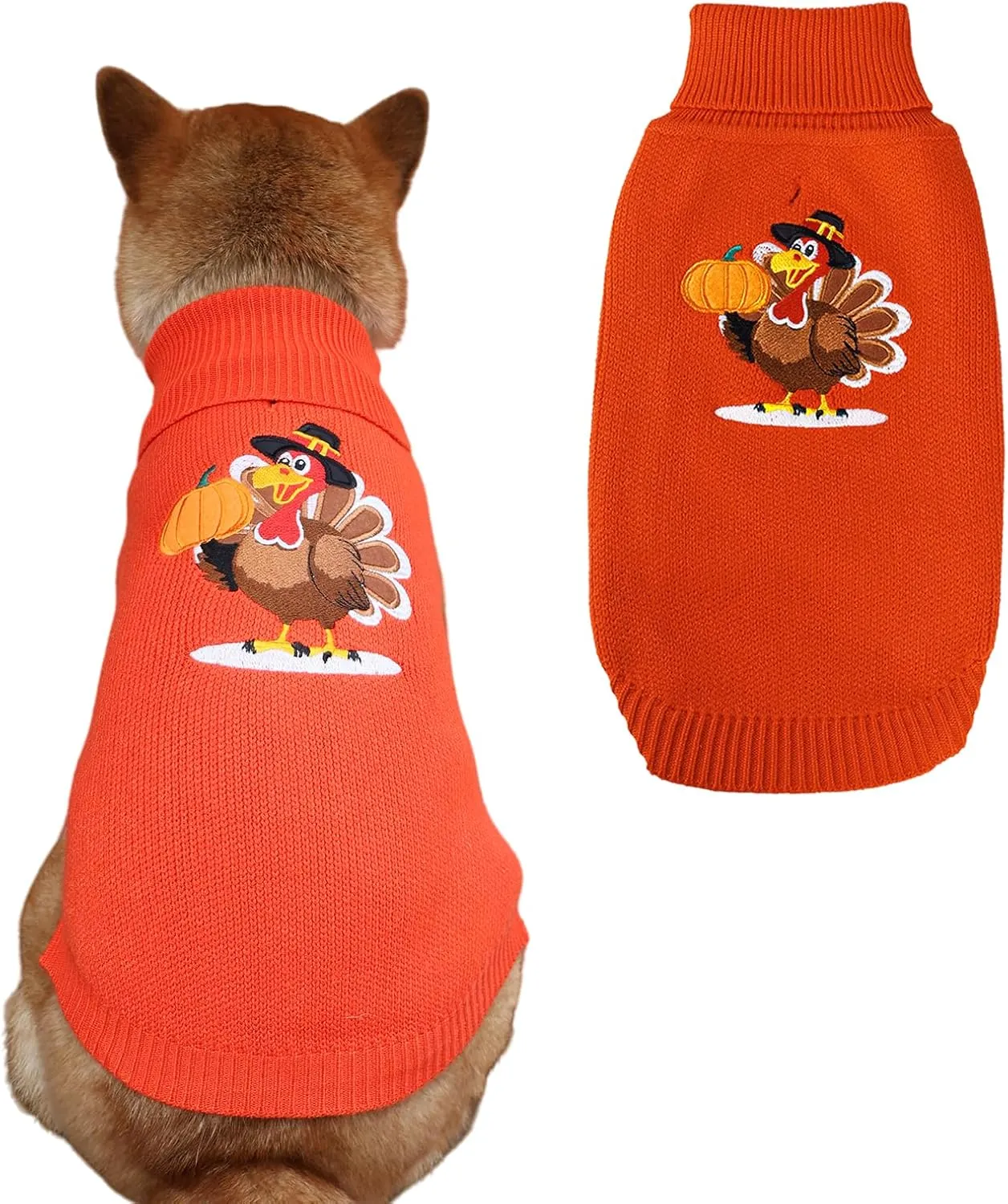 Thanksgiving Dog Sweater - Turkey Dogs Pullover Classic Knitwear with Leash Hole Warm Winter Pet Turtleneck Sweaters Apparel for Small Medium Breeds (S)