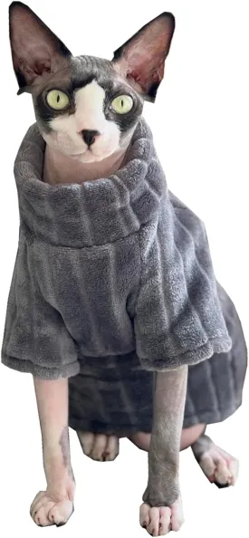 Turtleneck Sweater for Sphynx Cat Soft Coral Fleece Cat Clothes Thick Winter Warm Outfit Coat for Hairless Cats and Small Dogs Apparel with Sleeves (Grey, XL (9-13 lbs))