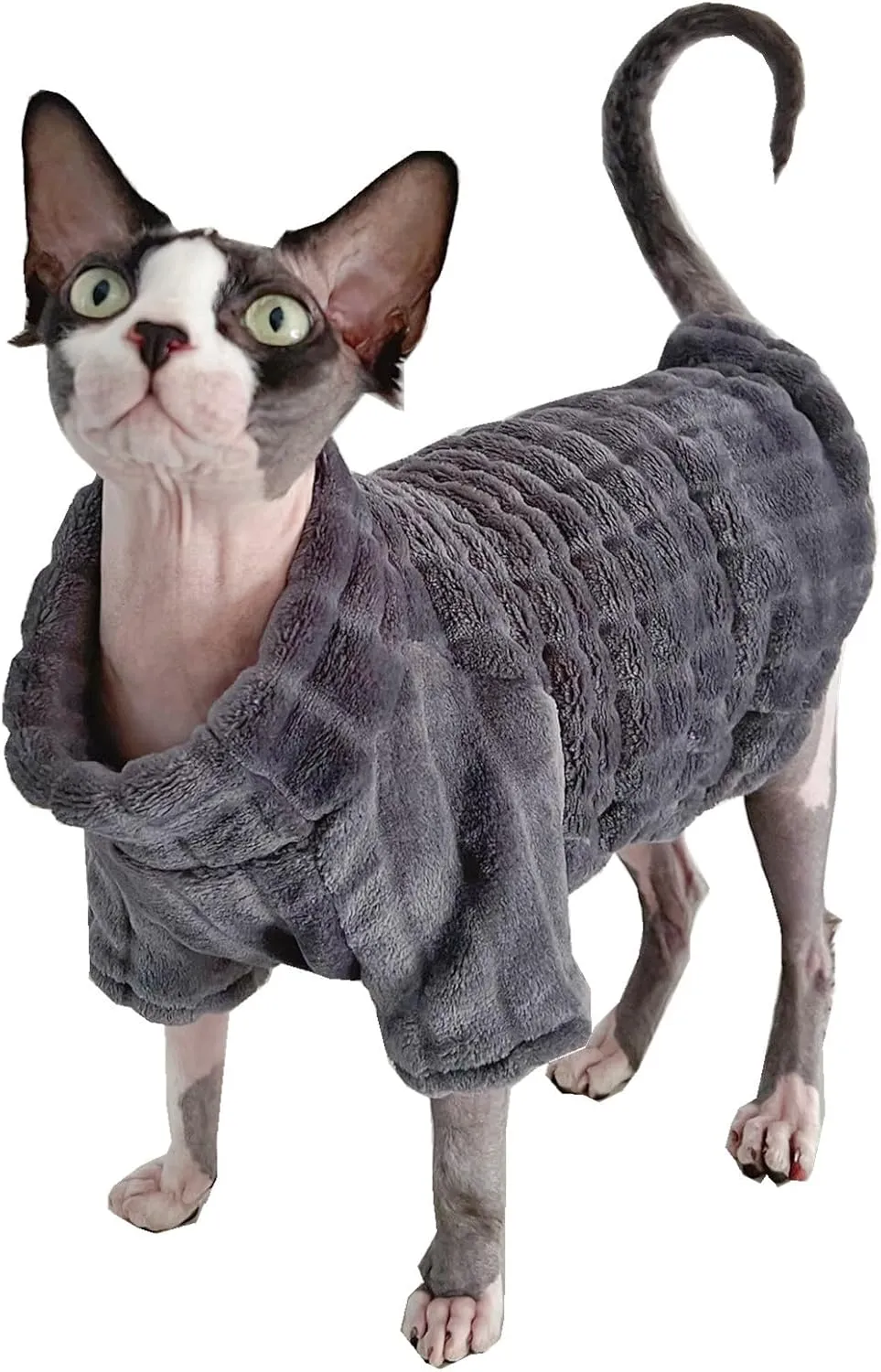 Turtleneck Sweater for Sphynx Cat Soft Coral Fleece Cat Clothes Thick Winter Warm Outfit Coat for Hairless Cats and Small Dogs Apparel with Sleeves (Grey, XL (9-13 lbs))