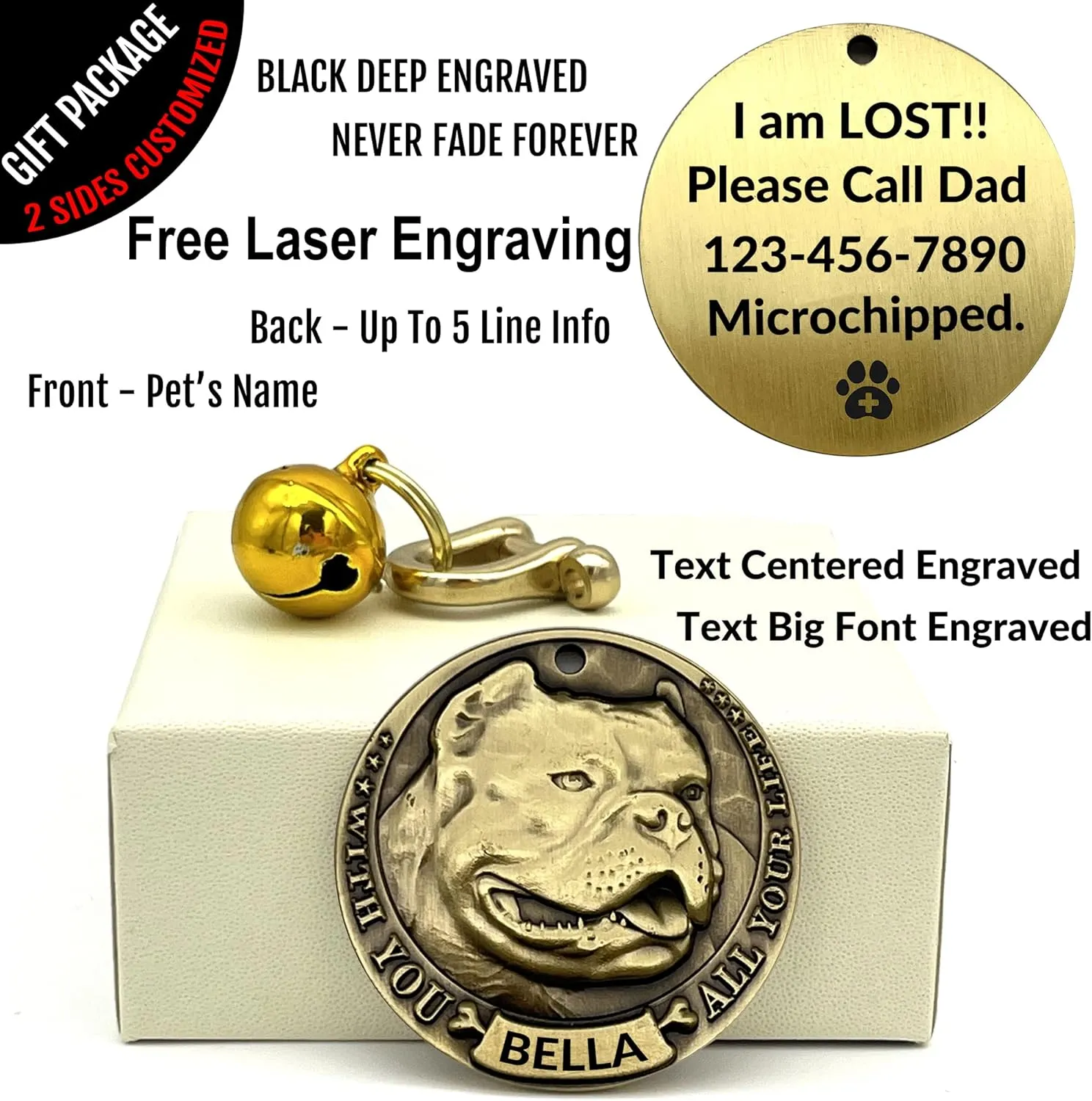Vintage Pure Copper Pet ID Tags, Personalized Dog Tags, Three-Dimensional Relief American Bully Pitbull Pattern, Custom Pet Tags