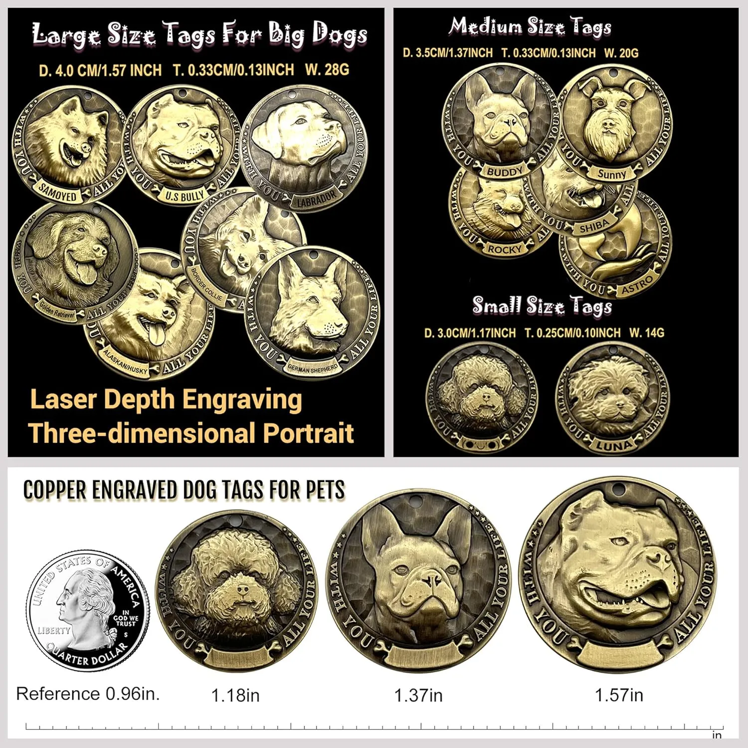 Vintage Pure Copper Pet ID Tags, Personalized Dog Tags, Three-Dimensional Relief American Bully Pitbull Pattern, Custom Pet Tags