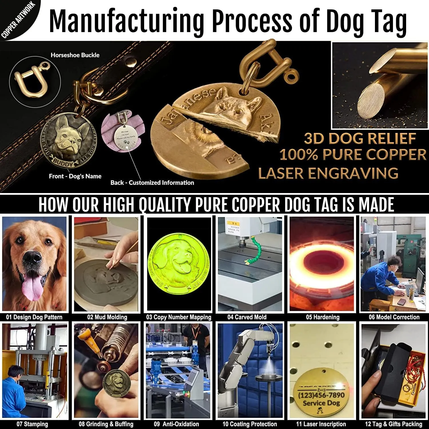 Vintage Pure Copper Pet ID Tags, Personalized Dog Tags, Three-Dimensional Relief American Bully Pitbull Pattern, Custom Pet Tags
