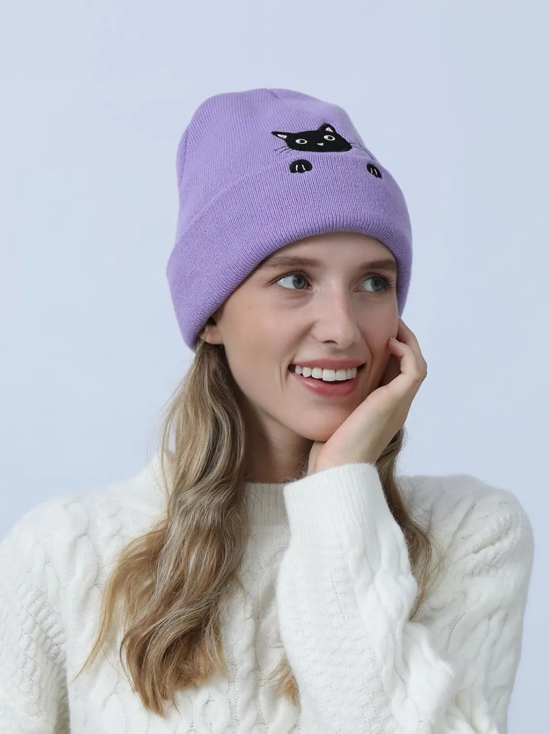 Womens Cat Beanie Cute Cat Lover Gifts Animal Knitted Hats Christmas Stocking Stuffers for Women Girls