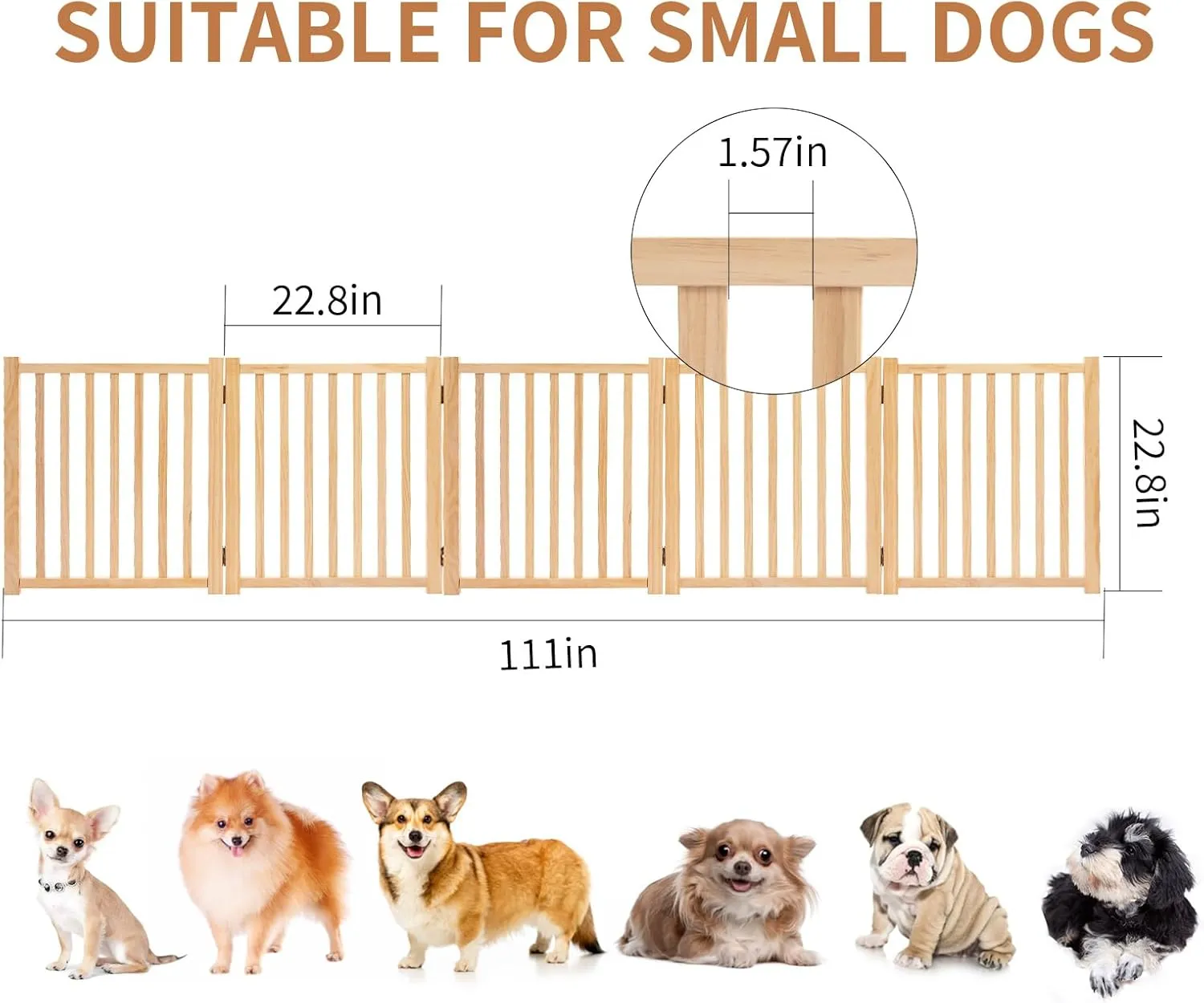 YOCAN Freestanding Wooden Dog Gate, Foldable Pet Gate for Indoor Use, Dog Fence for Doorways, Stairs, Halls & House,Easy to Install5 Panel 23"
